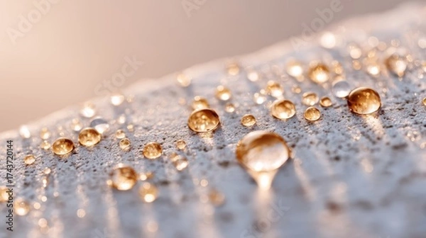 Fototapeta Water droplets on white surface close up of small liquid spheres resting on clean bright background