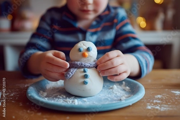 Fototapeta Child is making a snowman out of play dough. The snowman has a blue scarf around its neck