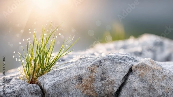 Fototapeta Small plant growing from rock close up of small plant demonstrating remarkable resilience emerging and flourishing from unyielding rock