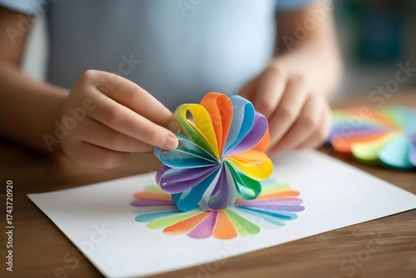 Fototapeta Person is making a paper flower with colorful strips of paper. The flower is made up of many different colors and is quite large. The person is focused on the task