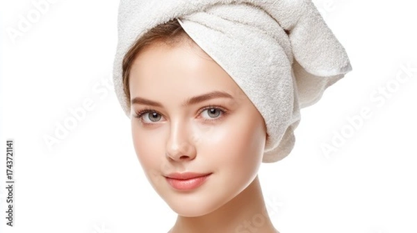 Fototapeta Woman with towel on head female subject with head covered by towel indicating post wash routine