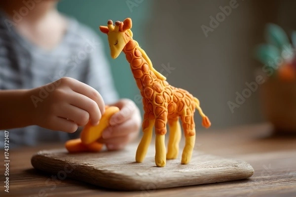 Fototapeta Child is playing with a giraffe made of clay. The giraffe is sitting on a wooden board, and the child is holding a piece of orange food. Concept of playfulness and creativity