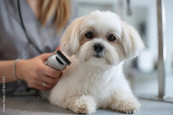 Fototapeta Woman is grooming a white dog with a pair of scissors. The dog is laying on a grooming table