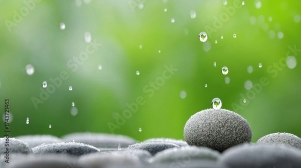 Fototapeta Spherical water mass suspended over stone stack spherical mass of water defying gravity elegantly suspended above carefully arranged stack of natural stones