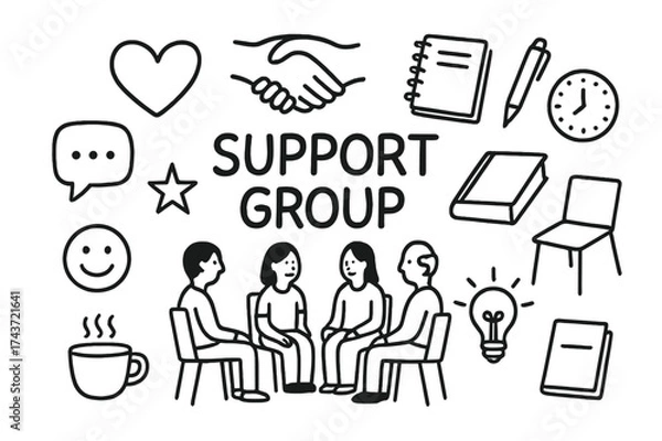 Fototapeta Support Group Icons. Support group. Hand-drawn doodle illustration support group people circle, heart, handshake, speech bubble, notebook, pen, clock, star,
