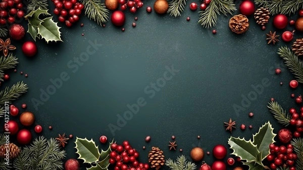 Fototapeta Overhead view of a festive Christmas frame made of pine branches, red ornaments, holly, berries, and pine cones on a dark green background with central copy space.