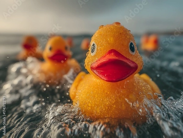 Fototapeta Group of rubber ducks are floating in the water. The ducks are yellow and appear to be having fun in the water