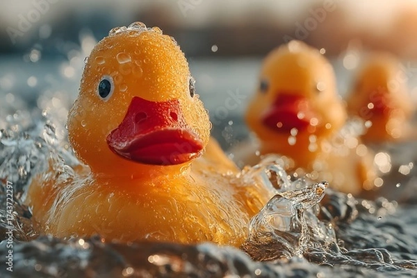 Fototapeta Three rubber ducks are swimming in the water, with one of them being yellow and having a red beak. The other two ducks are also yellow, but they do not have beaks. The scene is lively and playful