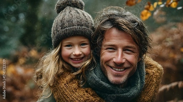 Fototapeta Man and a little girl are smiling and wearing hats and scarves. The man is holding the girl on his back