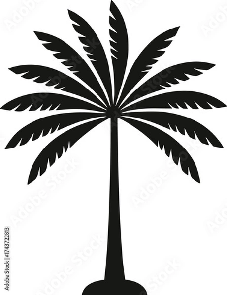 Fototapeta Stylized black palm tree silhouette with pointed leaflets and curved fronds, ideal for tropical logo, icon, decor, or graphic design