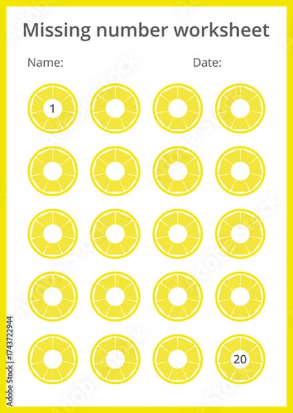 Fototapeta Missing number worksheet with lemons for kids, count and fill in numbers from 1 to 20, great for preschool math, number sequence training and fun educational activities. Vector illustration, A4 format