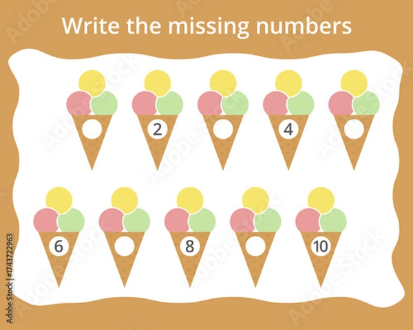Fototapeta Write the missing numbers in ice cream. Children's educational game. Score 1-10.