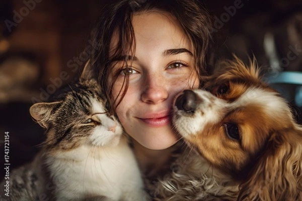 Fototapeta Woman is hugging two dogs and a cat. The woman has a smile on her face and the animals seem to be enjoying the attention
