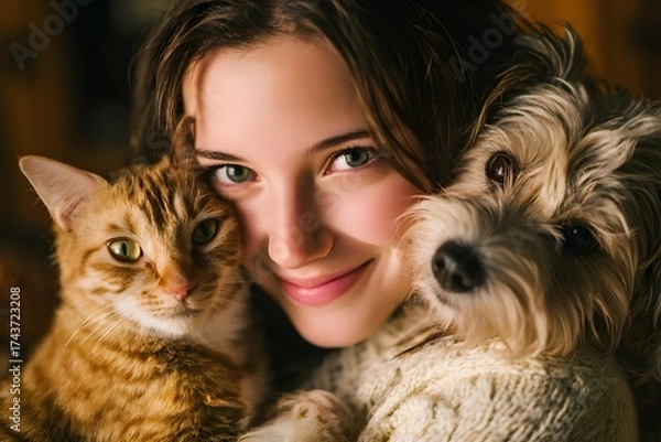 Fototapeta Woman is holding a cat and a dog, both of which are smiling. The woman is also smiling, creating a warm and happy atmosphere