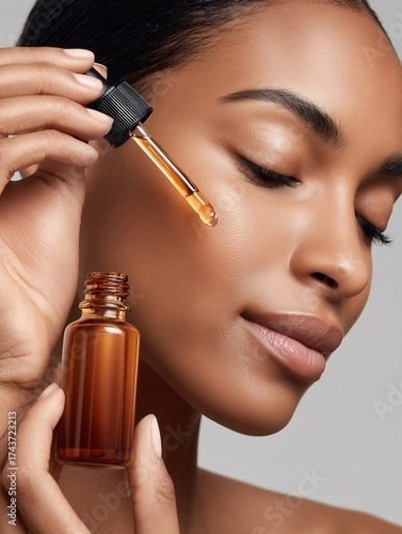 Fototapeta smiling woman's face and eye as she applies a drop of anti-aging facial serum or cosmetic oil with a glass pipette.