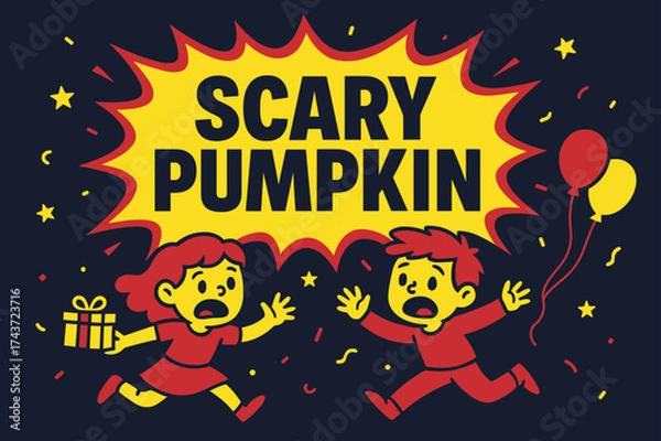 Fototapeta Spooky Pumpkin Parade. Scary Pumpkin banner, flat vector illustration, bold oversized text inside comic burst, cartoon characters running and waving, holding