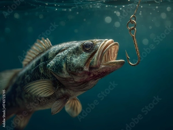 Fototapeta Fish is biting a fishing hook. The fish is large and the hook is gold. The water is dark blue