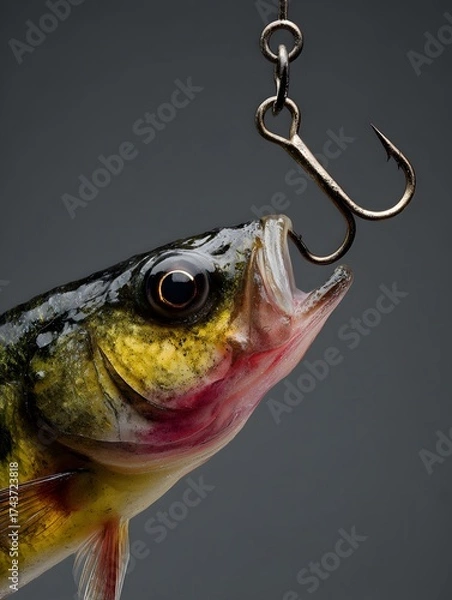 Fototapeta Fish is hooked up to a fishing line. The fish is yellow and red. The hook is silver
