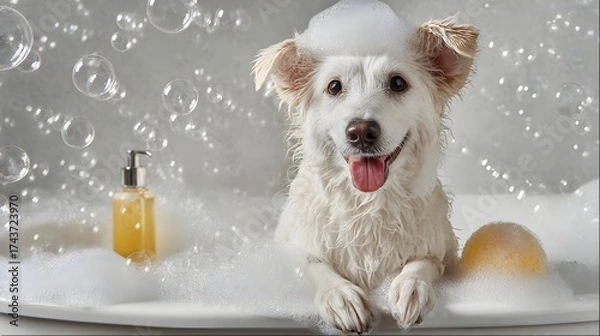 Fototapeta White dog is in a bathtub with bubbles and a bottle of shampoo. The dog is smiling and he is enjoying the bath