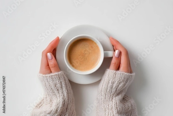 Fototapeta Person holding a white coffee cup with a white saucer. The cup is filled with coffee and the person's hands are wrapped around it. Concept of warmth and comfort