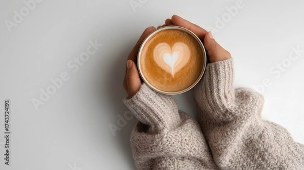 Fototapeta Person holding a mug of coffee with a heart design on it. Concept of warmth and comfort, as the person is wrapped in a cozy sweater while enjoying their coffee