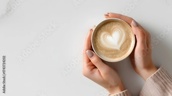 Fototapeta Person holding a coffee cup with a heart design on it. Concept of warmth and comfort, as the person is holding the cup close to their body. The heart design on the cup adds a touch of romance