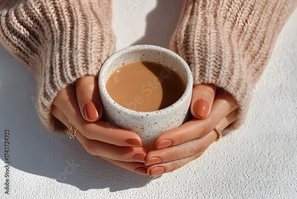 Fototapeta Person is holding a cup of coffee in their hands. The coffee is brown and he is hot. The person is wearing a sweater and has painted nails. Concept of warmth and comfort