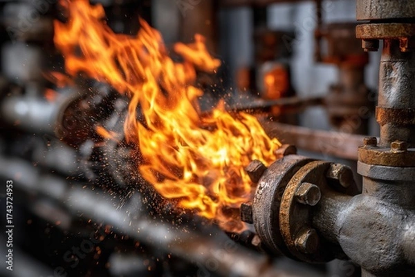 Fototapeta Close-up of a bright orange-yellow flame flaring from a valve on a complex network of industrial oil or gas pipelines and machinery.