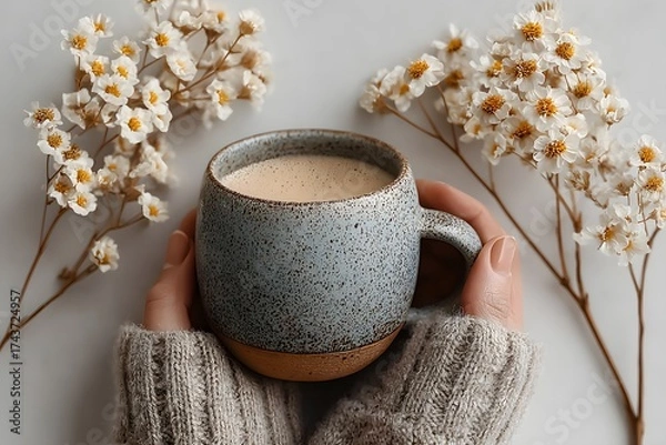 Fototapeta Person is holding a mug with a flower design on it. The mug is filled with a warm beverage, and the flowers are arranged around it. Concept of comfort and relaxation