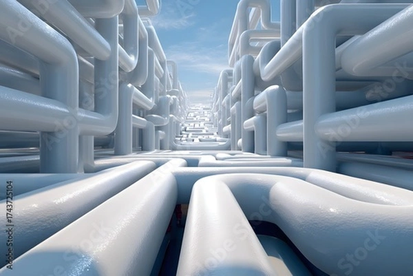 Fototapeta Long, white pipe stretches out into the distance, with a clear blue sky above it. The pipe is so long that it seems to go on forever, and the sky is so vast that it is endless
