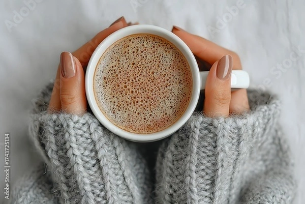 Fototapeta Person holding a mug of coffee in their hand. The mug is white and has a lot of foam on top. The person is wearing a gray sweater and has painted nails. The image conveys a cozy
