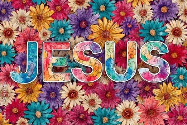 Fototapeta Watercolor painting of the word JESUS in vibrant red and blue set against a background of hand-painted colorful flowers and botanical elements.