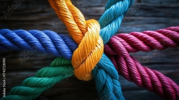 Fototapeta Colorful ropes intertwined, showcasing a vibrant knot against a weathered wooden background.