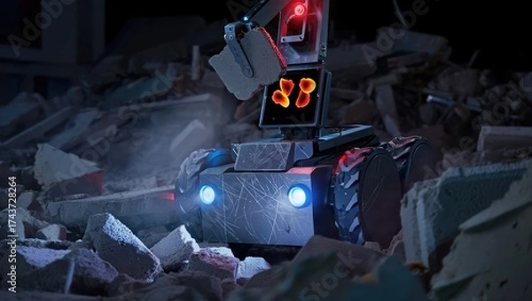 Fototapeta Small rescue robot moves through rubble at night with glowing display, searching for survivors in collapsed buildings. Generative AI.
