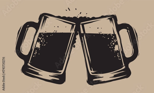 Fototapeta Two dark beer mugs clinking together in a toast illustration