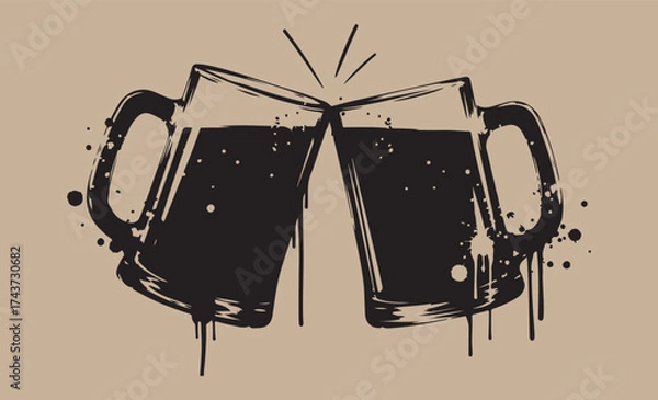 Fototapeta Two dark beer mugs clinking together in a toast with a grunge artistic style