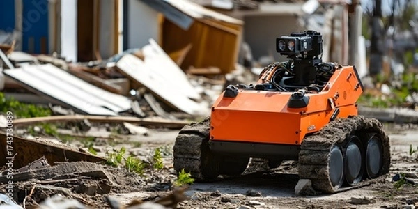 Fototapeta Orange Search and Rescue Robot in Disaster Debris disaster relief