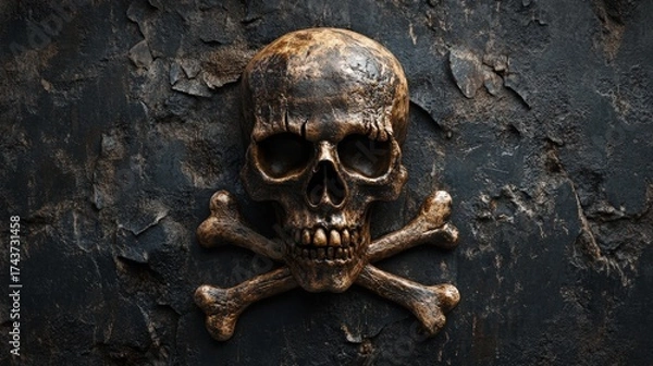 Fototapeta A detailed skull sculpture with crossed bones against a dark, textured background, evoking themes of danger and mortality.