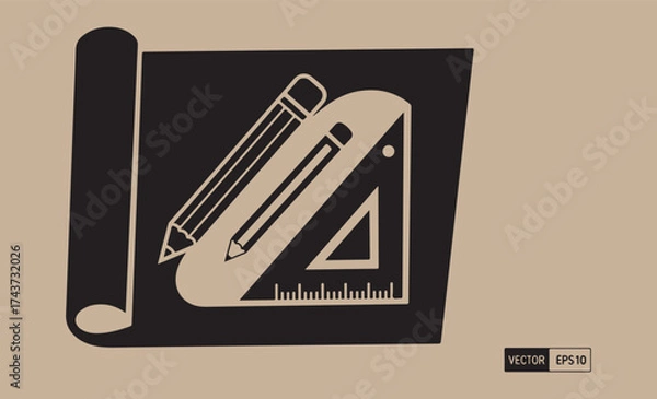 Fototapeta Architectural blueprint with drafting tools and pencil