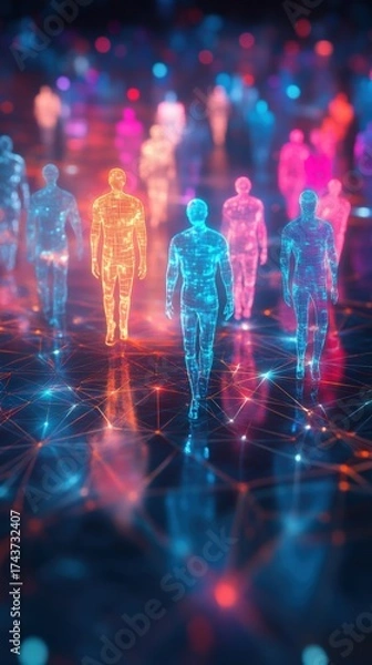 Fototapeta A digital artwork depicting semi-transparent figures in vibrant colors, representing connectivity and movement in a futuristic setting.
