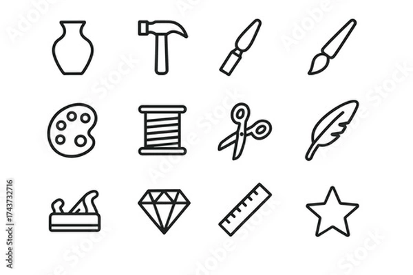 Fototapeta Artisan Tool Icons. Artisan. Line outline icon set of Artisan: pottery vase, hammer, chisel, paintbrush,