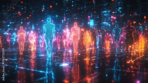 Fototapeta A vibrant digital scene showing glowing, holographic figures walking through a futuristic cityscape, surrounded by colorful lights.