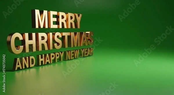 Fototapeta Bold 3D Gold Text Merry Christmas and Happy New Year on Deep Green Studio Background