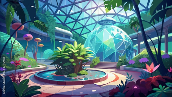 Fototapeta Bio-dome interior garden with glowing plants, soft mist, and energy glass ceiling, futuristic design blending architecture, sustainability, and tranquility of living nature.