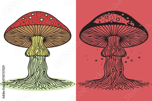 Fototapeta Whimsical Line Art Toadstool with Colorful Glowing Roots