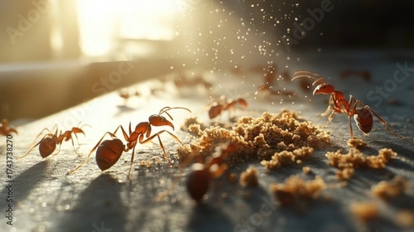 Fototapeta A close-up view of ants gathering food, with sunlight illuminating the scene and dust particles in the air, creating a lively and dynamic atmosphere.
