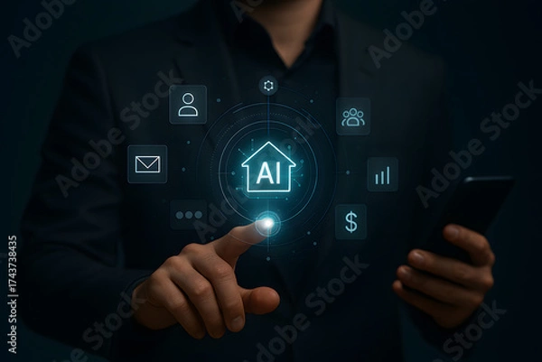 Fototapeta A businessman employs an internet chat bot to exchange and analyse consumer data. A customer care centre using artificial intelligence and CRM software technology