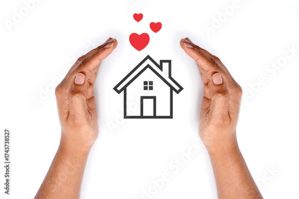 Obraz House with hearts covered by hands. meaningful image. white background
