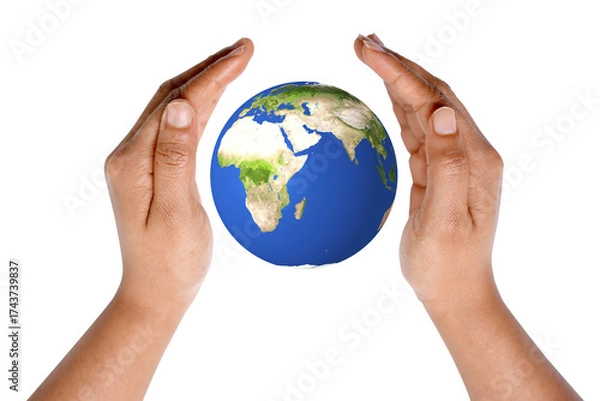 Obraz World, earth protected by hands on white background.