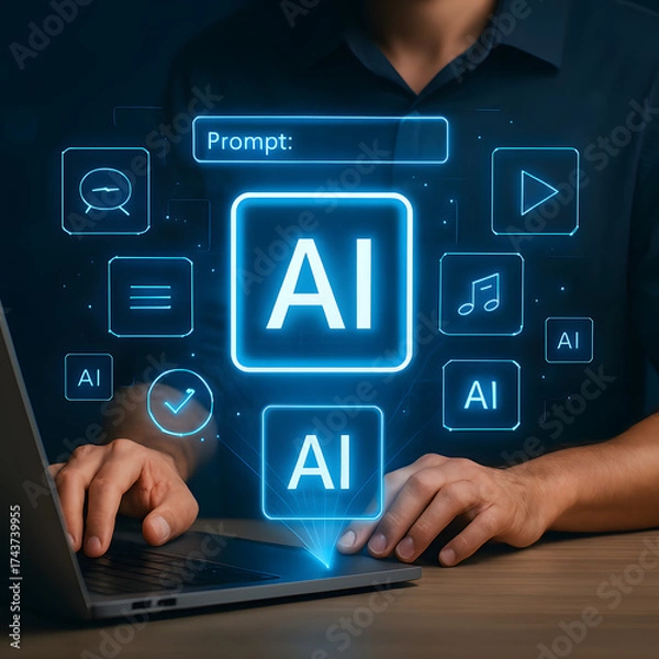 Fototapeta AI Automation and Processing Technology for Efficient Workflow Management and Innovation. professional using a laptop with an virtual assistant, chatbot, data analytics